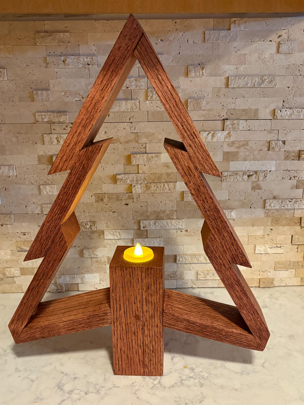Handcrafted Wooden Christmas Tree Display with Candle Pedestal