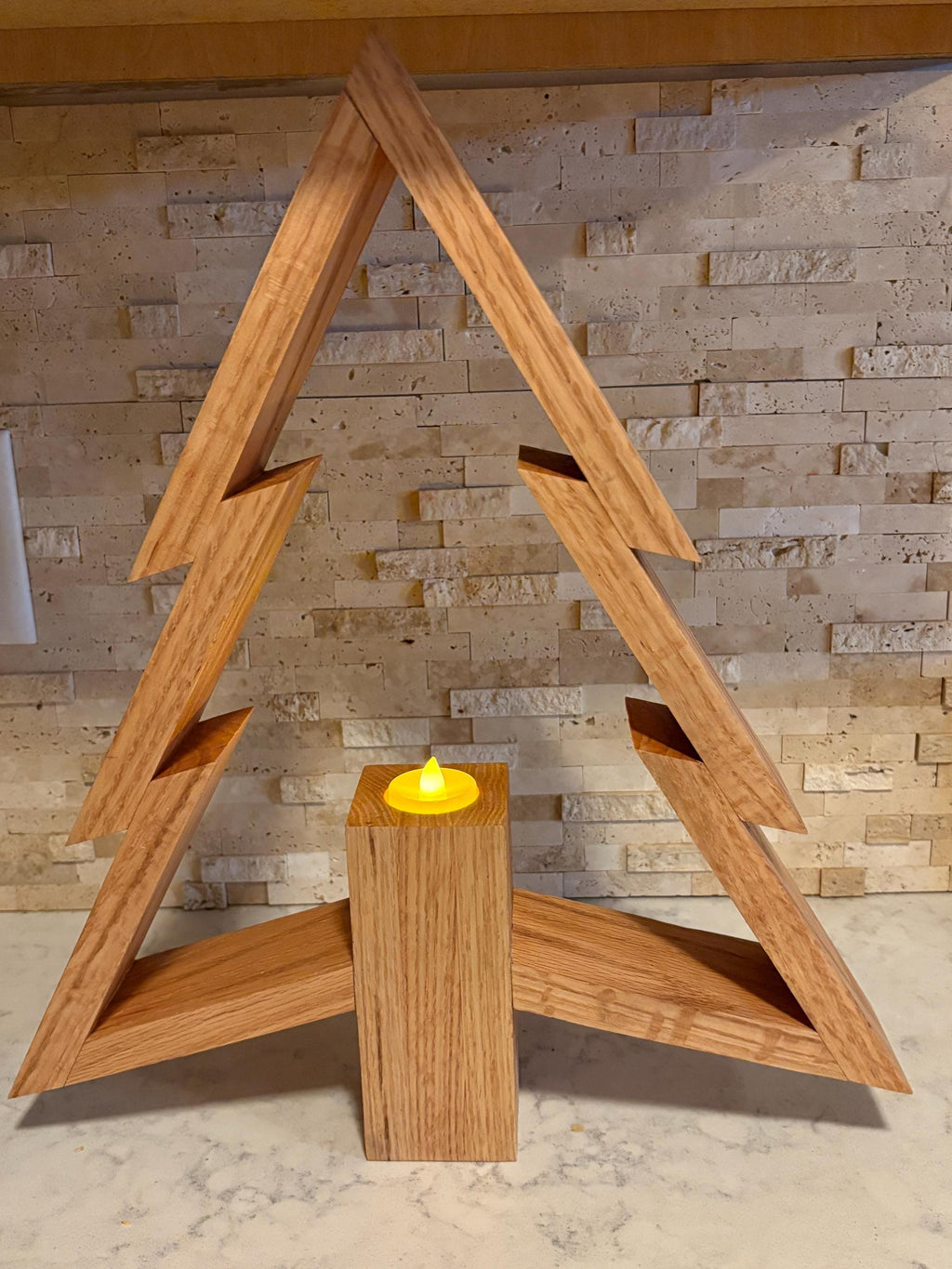 Handcrafted Wooden Christmas Tree Display with Candle Pedestal
