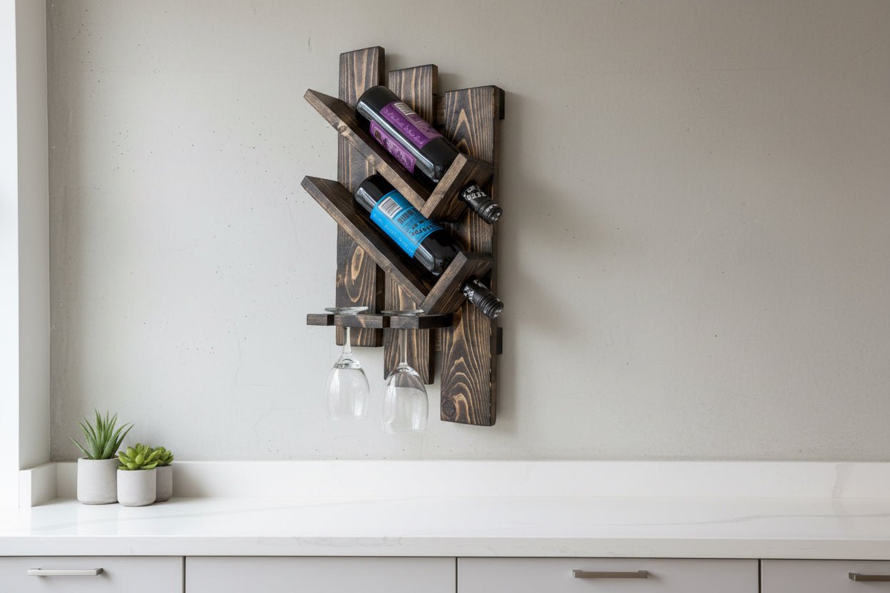 Handmade Rustic Wall - Mounted Wine Rack with Glass Holder | 2 - Bottle & 2 - Glass Display - Creatn Sawdust