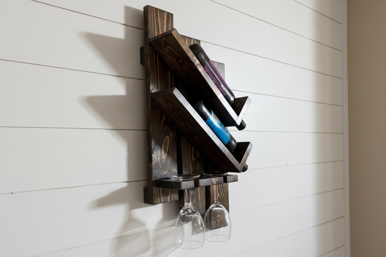 Handmade Rustic Wall - Mounted Wine Rack with Glass Holder | 2 - Bottle & 2 - Glass Display - Creatn Sawdust