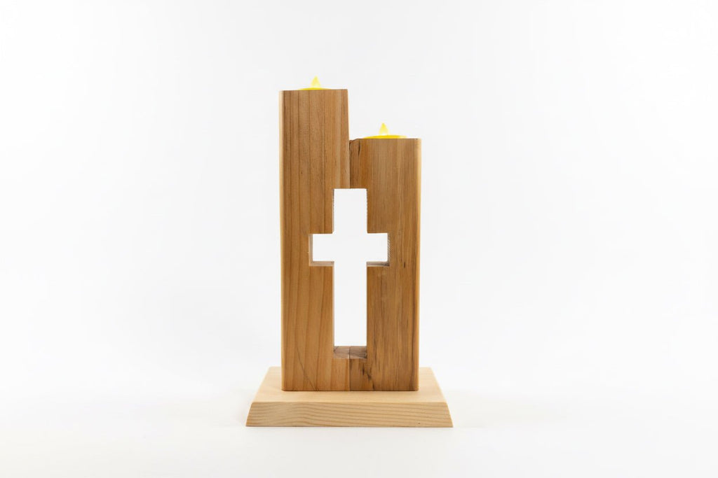 Handmade Wooden Cross Candle Holder – Rustic Christian Home Décor, Religious Tealight Stand - Creatn Sawdust