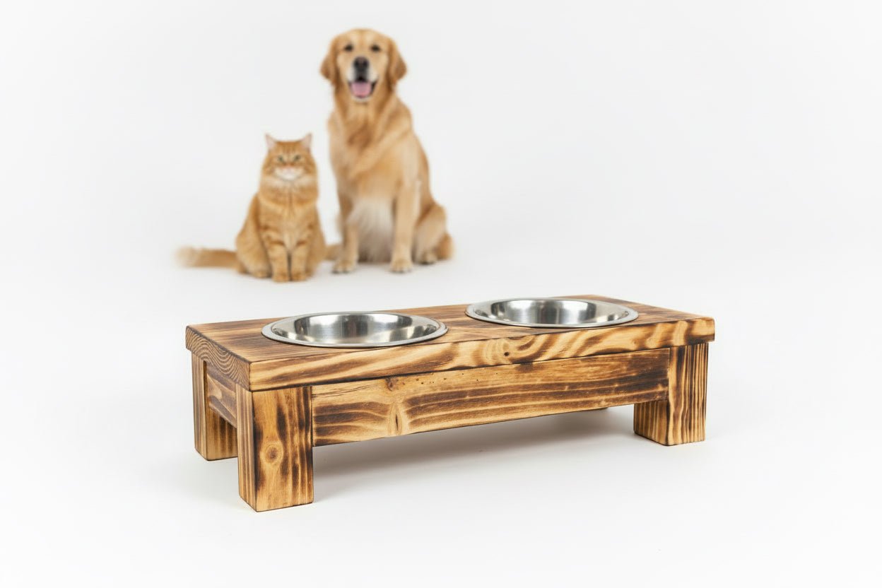 Handmade Wooden Elevated Pet Feeder – Rustic Raised Dog & Cat Bowl Stand - Creatn Sawdust