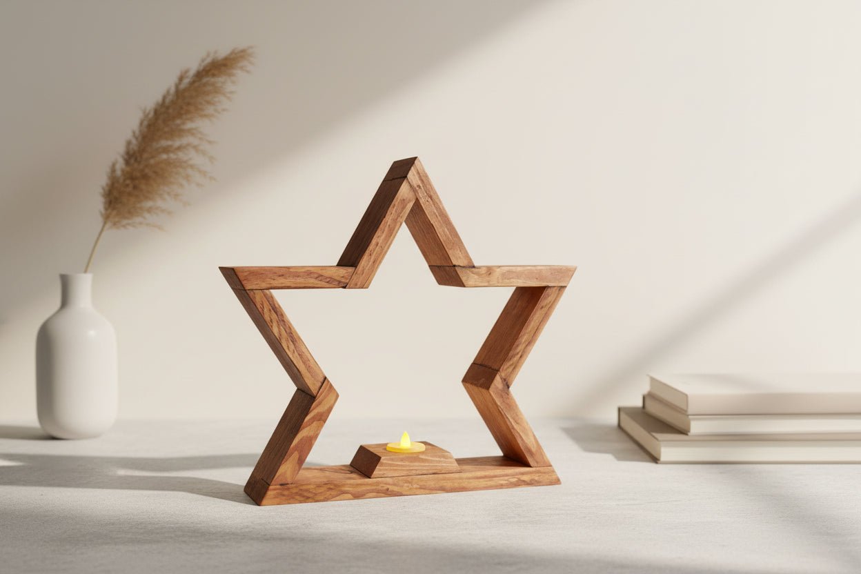 Handmade Wooden Star Candle Holder – Rustic LED Tealight Display for Home & Holiday Decor - Creatn Sawdust