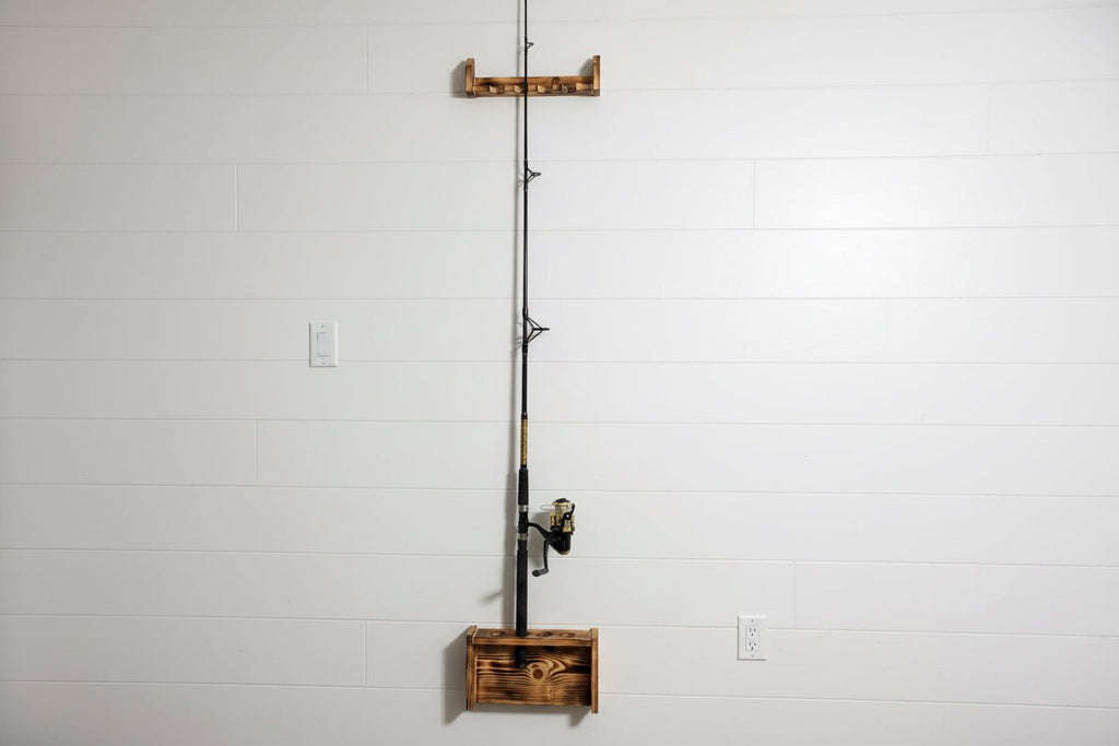 Handmade Wooden Wall - Mounted Fishing Rod Holder – Rustic Torched Finish - Creatn Sawdust