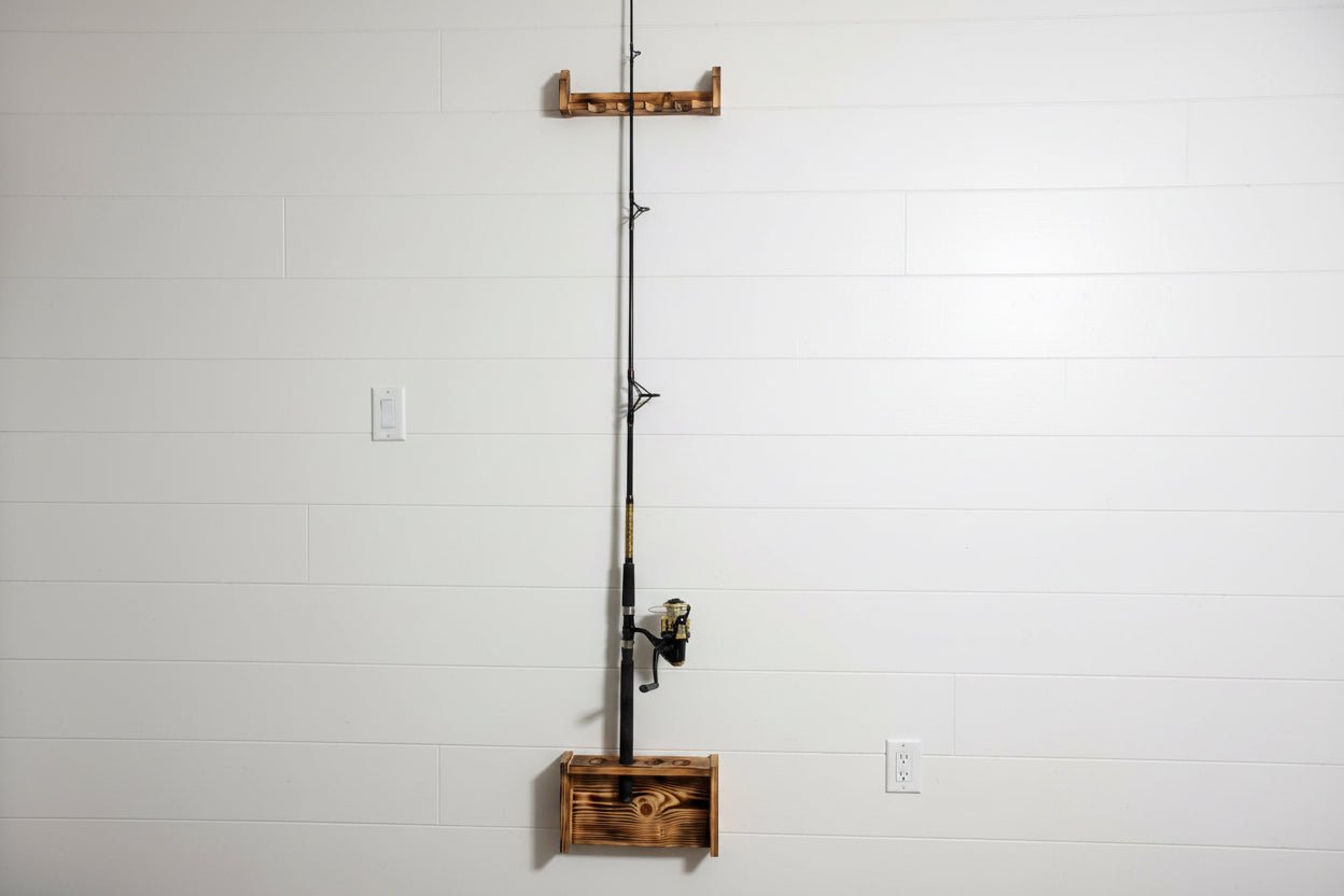 Handmade Wooden Wall - Mounted Fishing Rod Holder – Rustic Torched Finish - Creatn Sawdust
