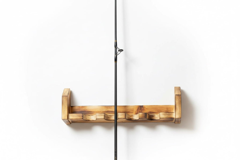 Handmade Wooden Wall - Mounted Fishing Rod Holder – Rustic Torched Finish - Creatn Sawdust