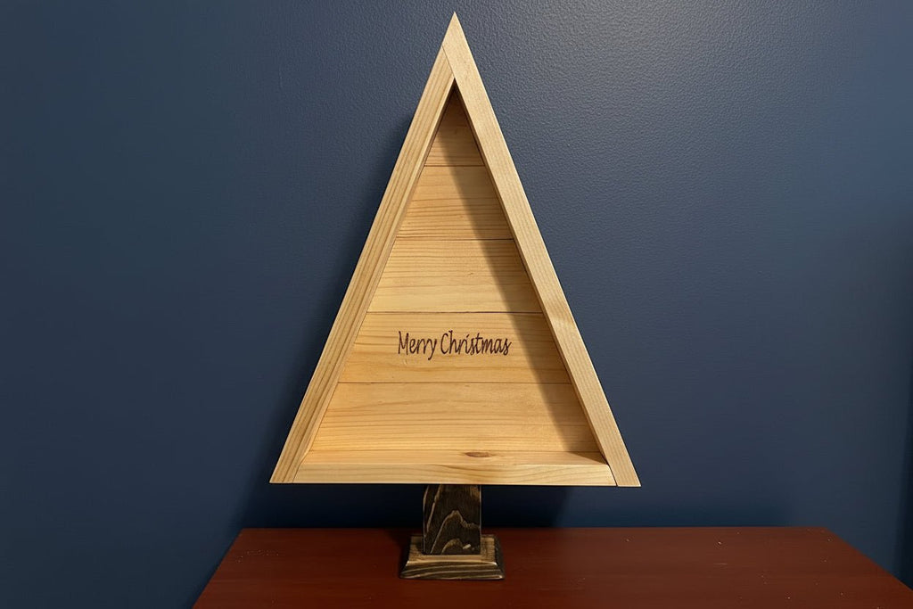 Rustic Wooden Christmas Tree Shelf – Engraved Holiday Decor - Creatn Sawdust