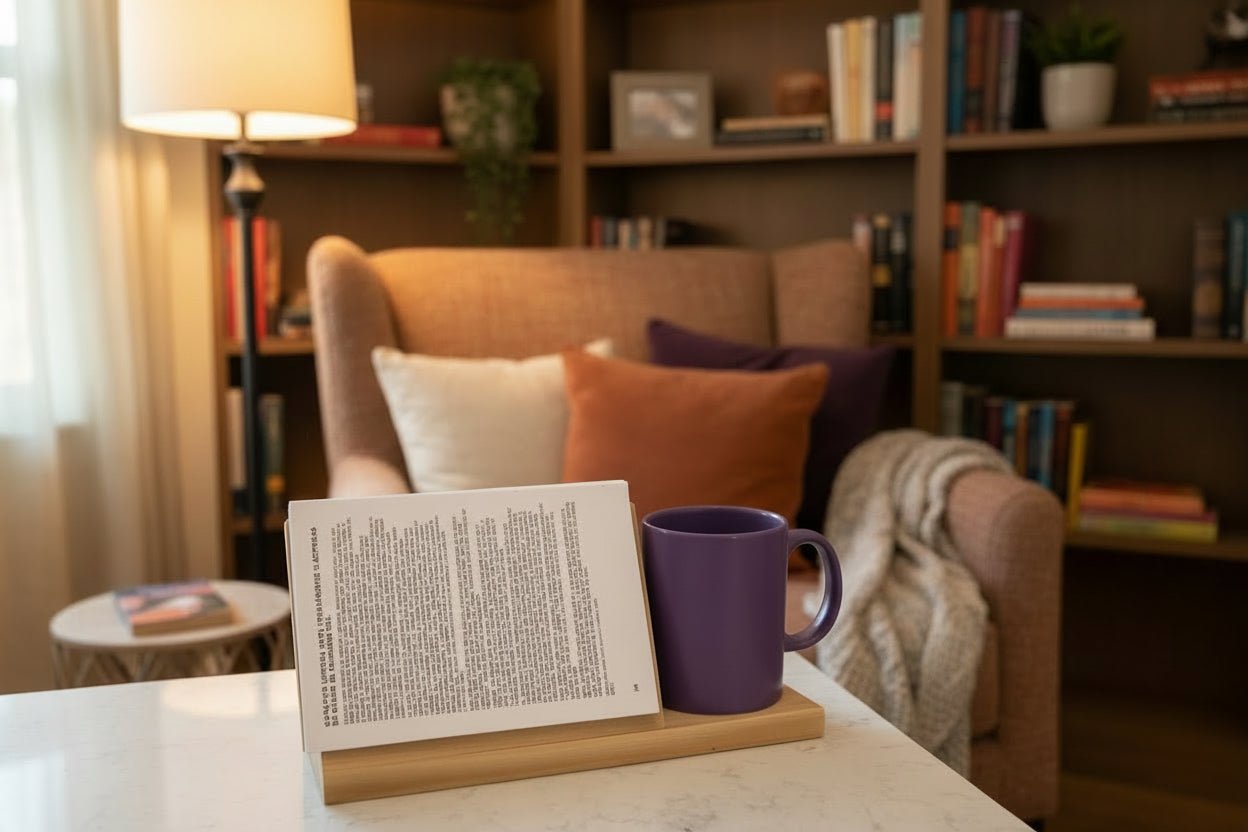 Wooden Book Page Keeper with Coffee Mug Holder – Reading Stand, Book Lover Gift, Handmade Wood Accessory - Creatn Sawdust