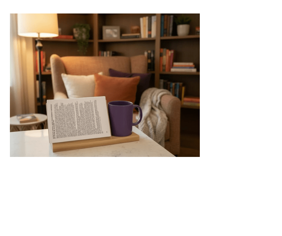 Wooden Book Page Keeper with Coffee Mug Holder – Reading Stand, Book Lover Gift, Handmade Wood Accessory - Creatn Sawdust